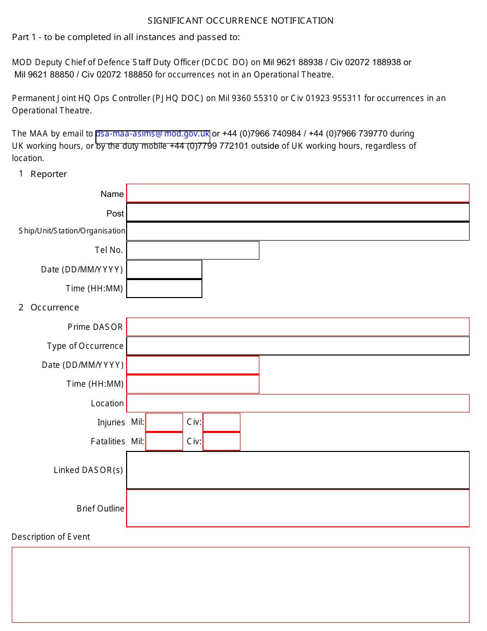 Significant Occurrence Notification - United Kingdom, Page 1