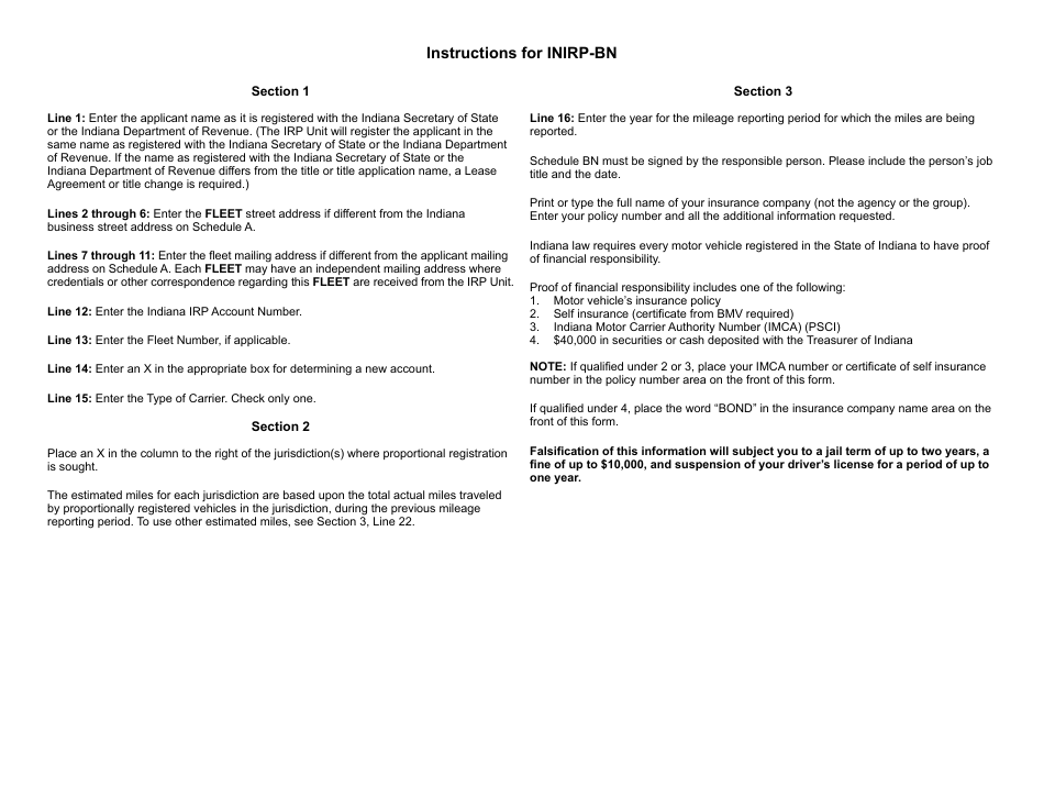 Form INIRP-BN (State Form 55550) Schedule BN International Registration Plan New Account - Indiana, Page 2