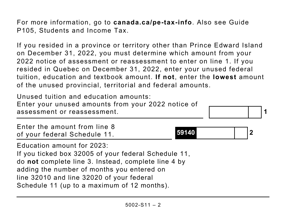 Form 5002-S11 Schedule PE(S11) Prince Edward Island Tuition and Education Amounts (Large Print) - Canada, Page 2