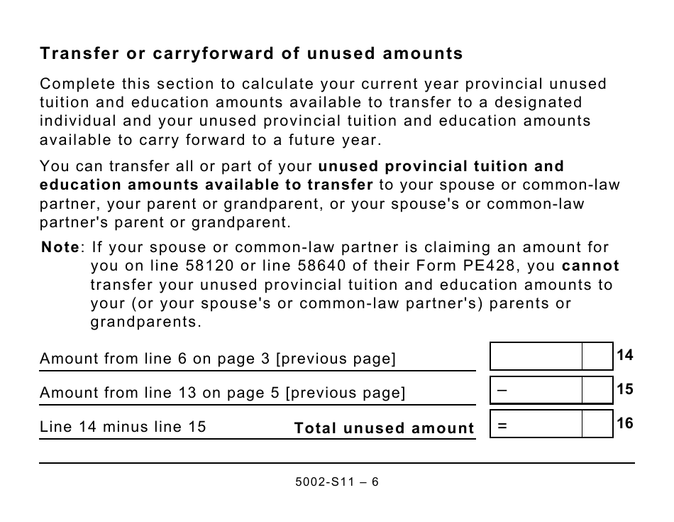 Form 5002-S11 Schedule PE(S11) Prince Edward Island Tuition and Education Amounts (Large Print) - Canada, Page 6