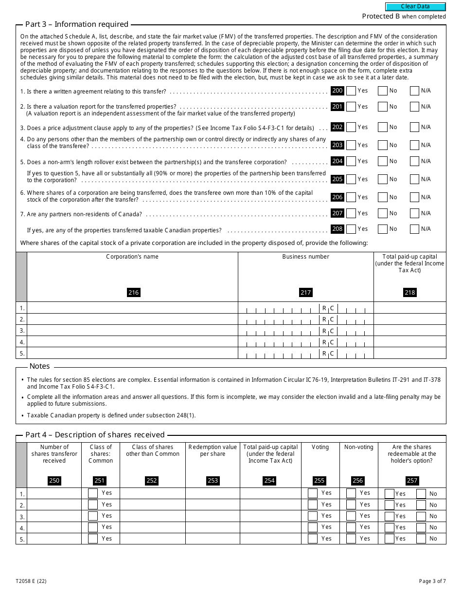 Form T2058 Election on Disposition of Property by a Partnership to a Taxable Canadian Corporation - Canada, Page 3