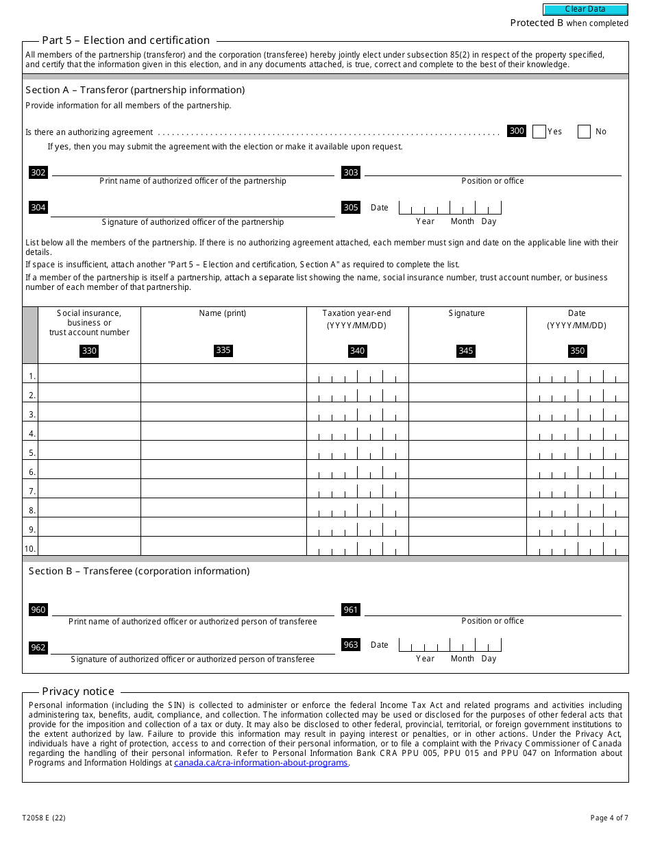 Form T2058 Election on Disposition of Property by a Partnership to a Taxable Canadian Corporation - Canada, Page 4