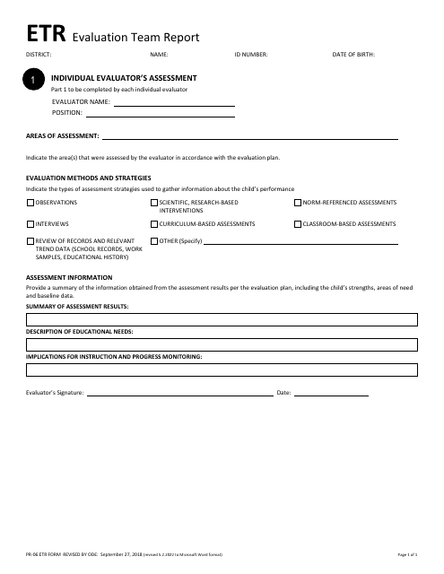 Form PR-06 ETR Evaluation Team Report - Individual Evaluator's Assessment - Ohio