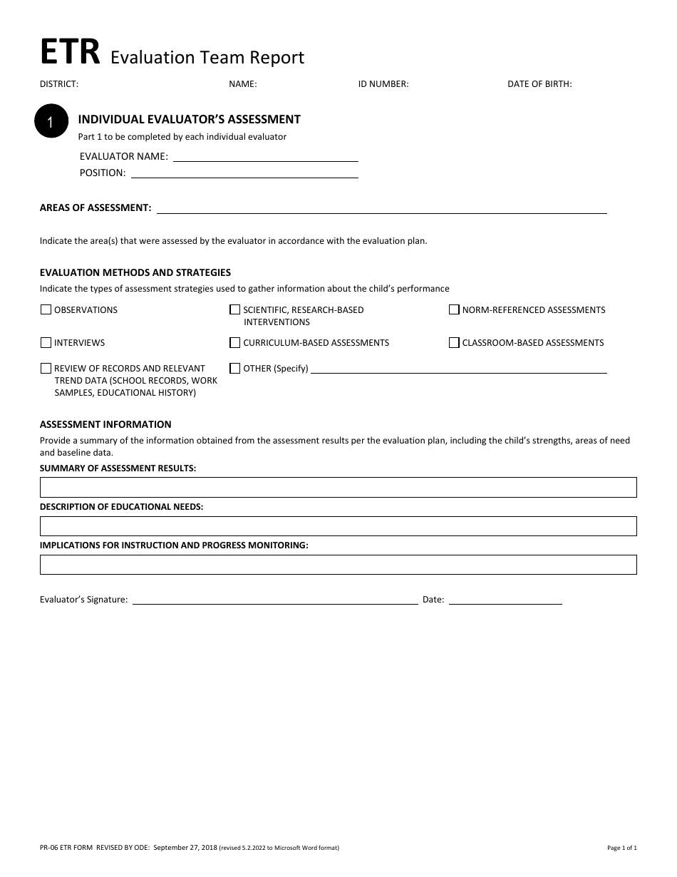 Form PR-06 ETR Evaluation Team Report - Individual Evaluators Assessment - Ohio, Page 1