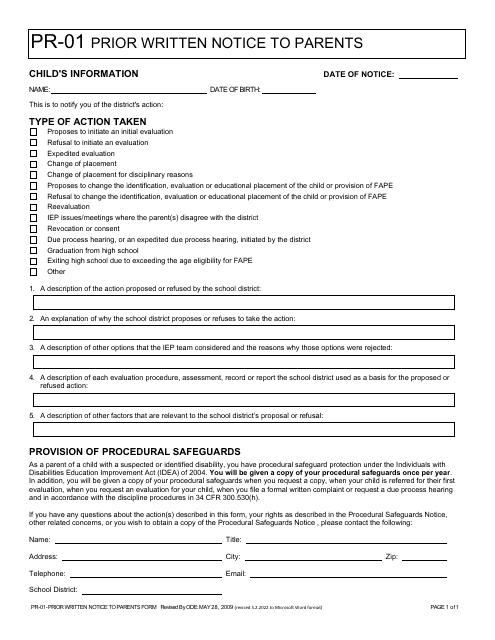 Form PR-01 Prior Written Notice to Parents - Ohio