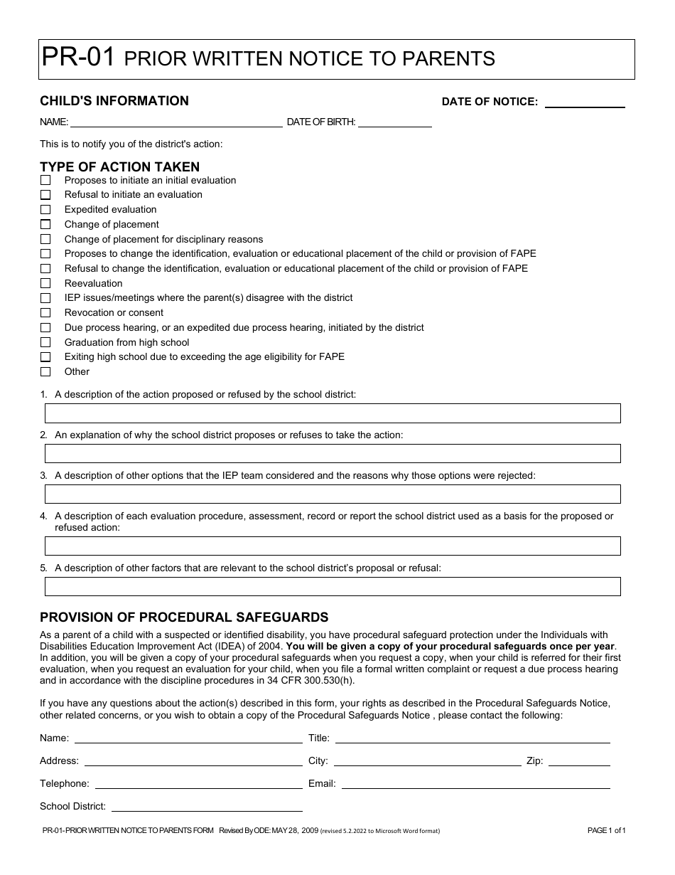 Form PR-01 Prior Written Notice to Parents - Ohio, Page 1