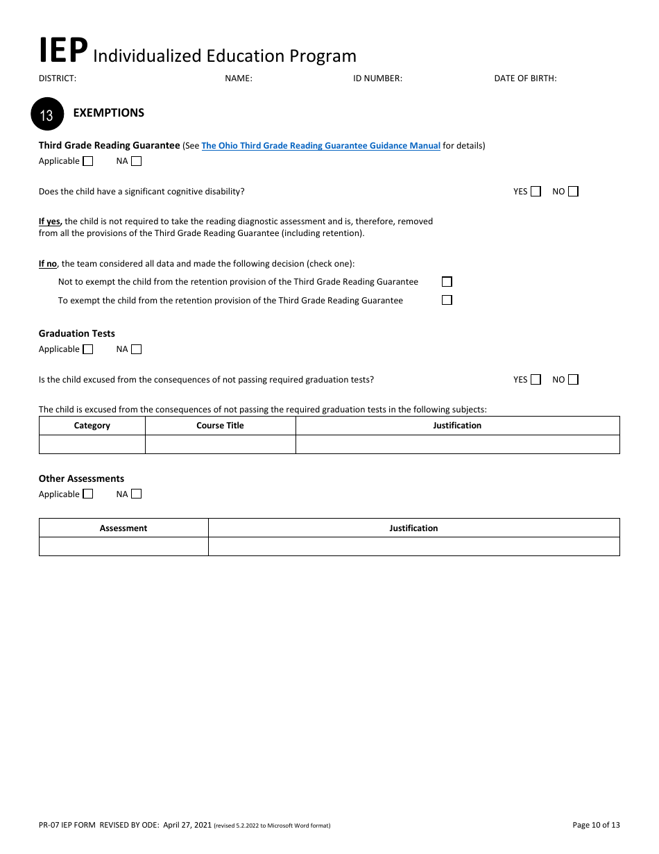 Form PR-07 Individualized Education Program - Ohio, Page 10