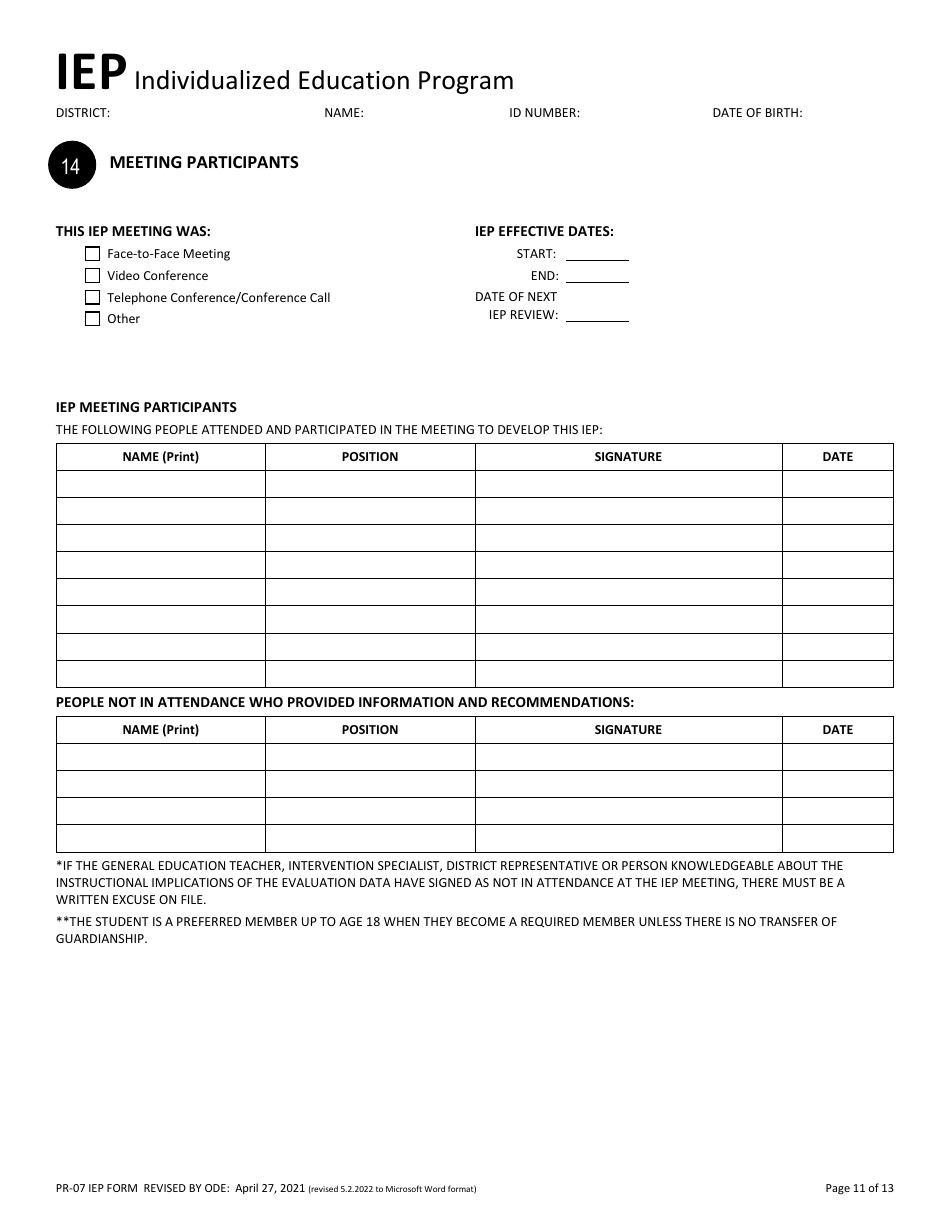 Form PR-07 Individualized Education Program - Ohio, Page 11