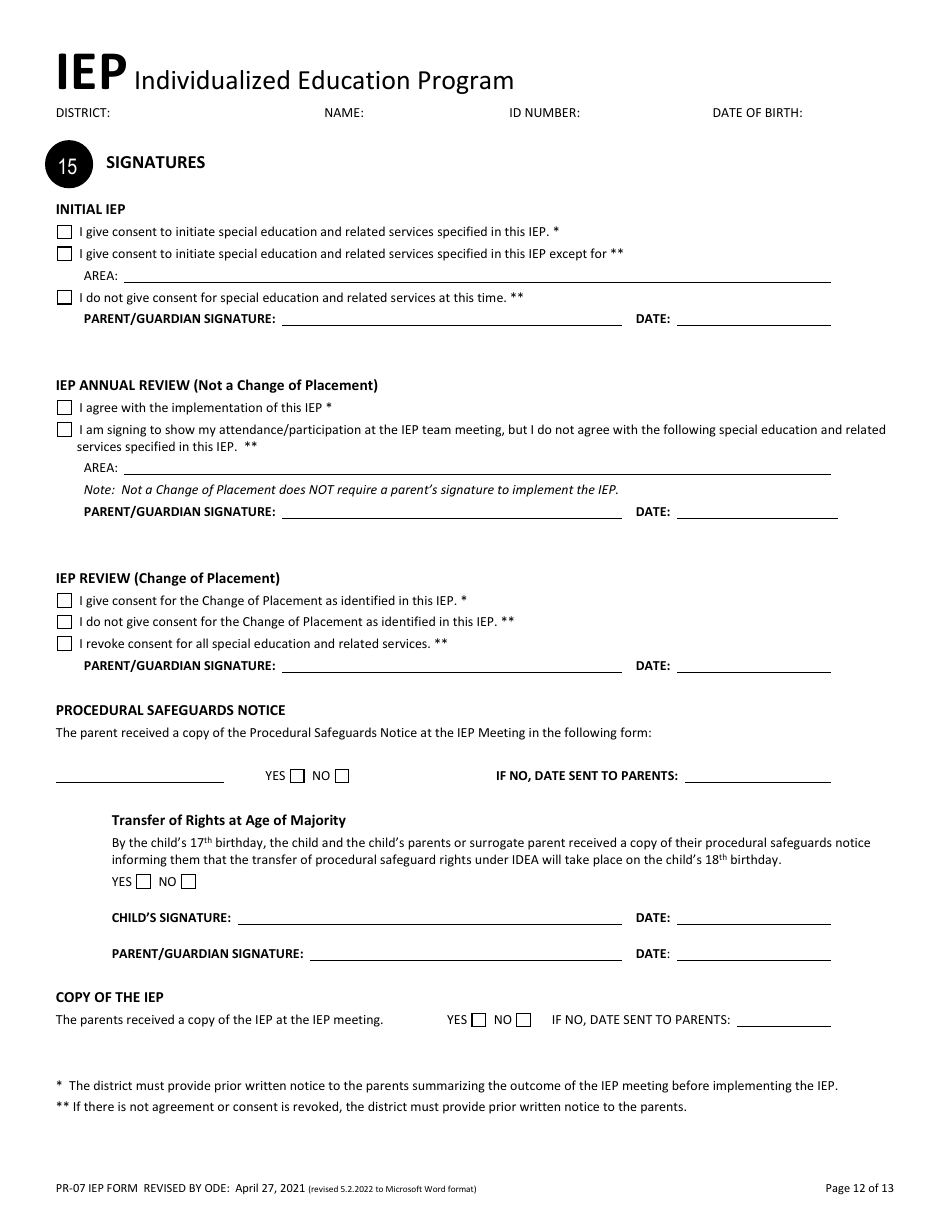 Form PR-07 Individualized Education Program - Ohio, Page 12