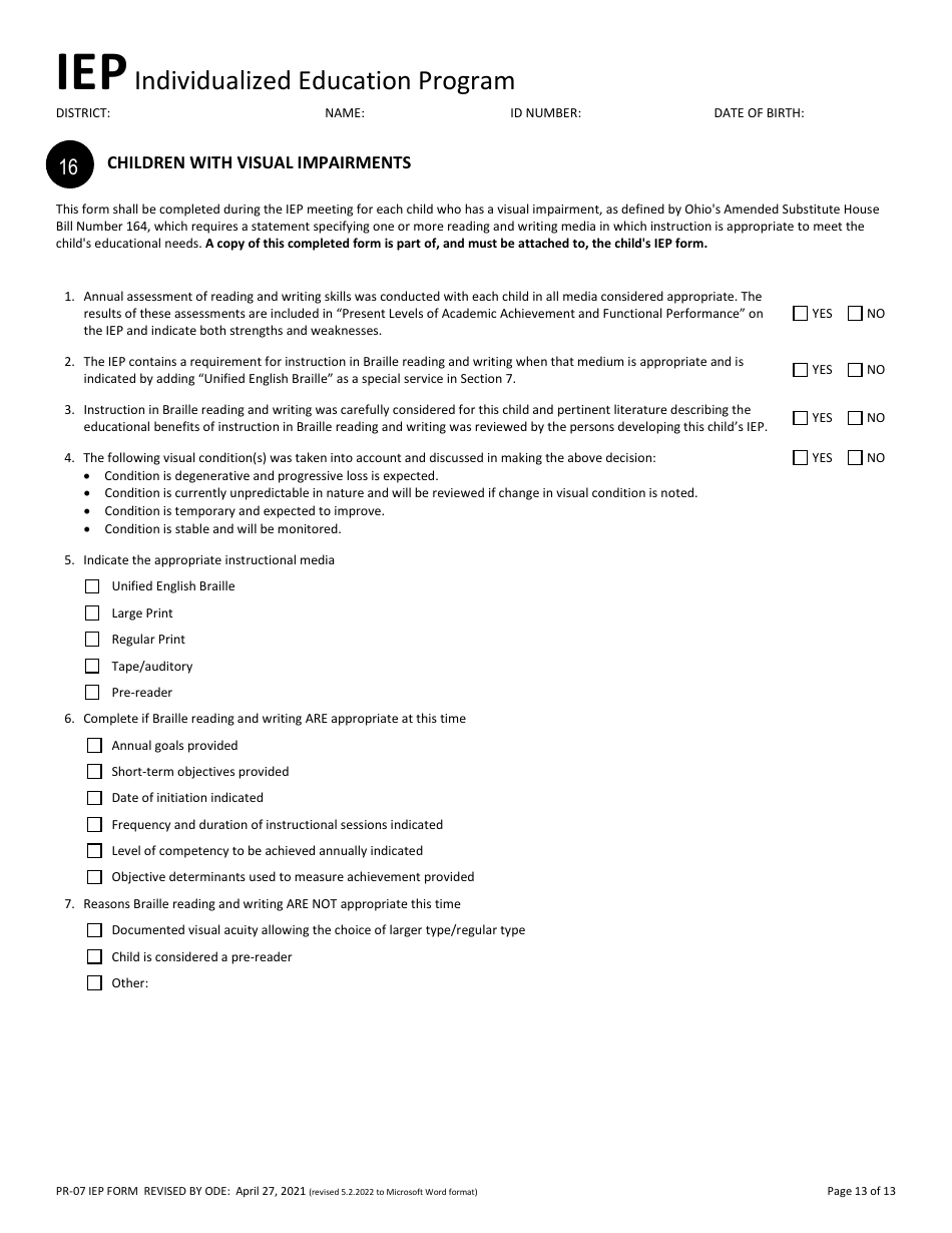 Form PR-07 Individualized Education Program - Ohio, Page 13