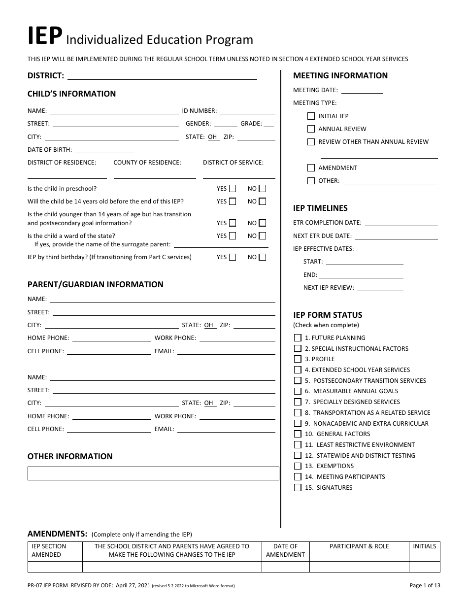 Form PR-07 Individualized Education Program - Ohio, Page 1
