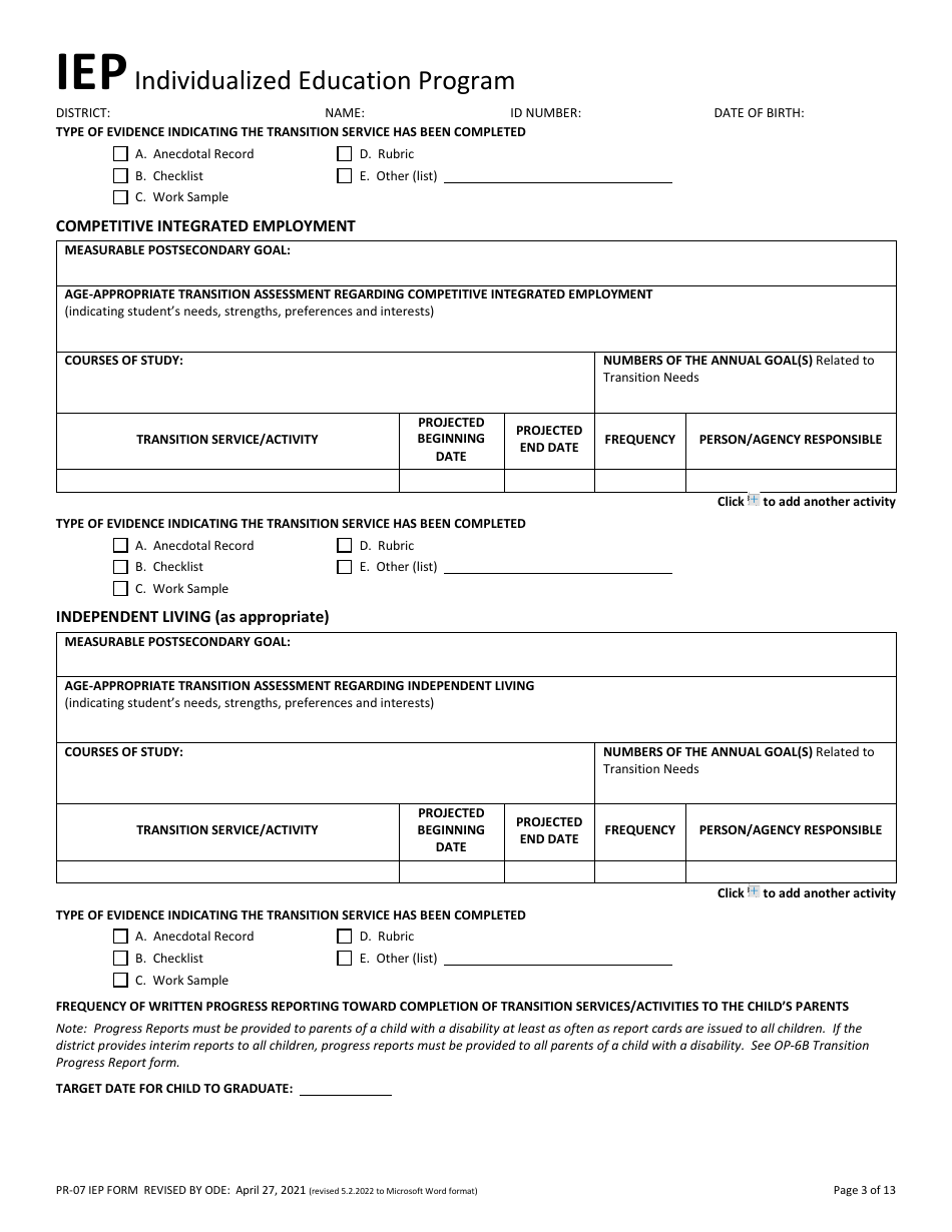 Form PR-07 Individualized Education Program - Ohio, Page 3