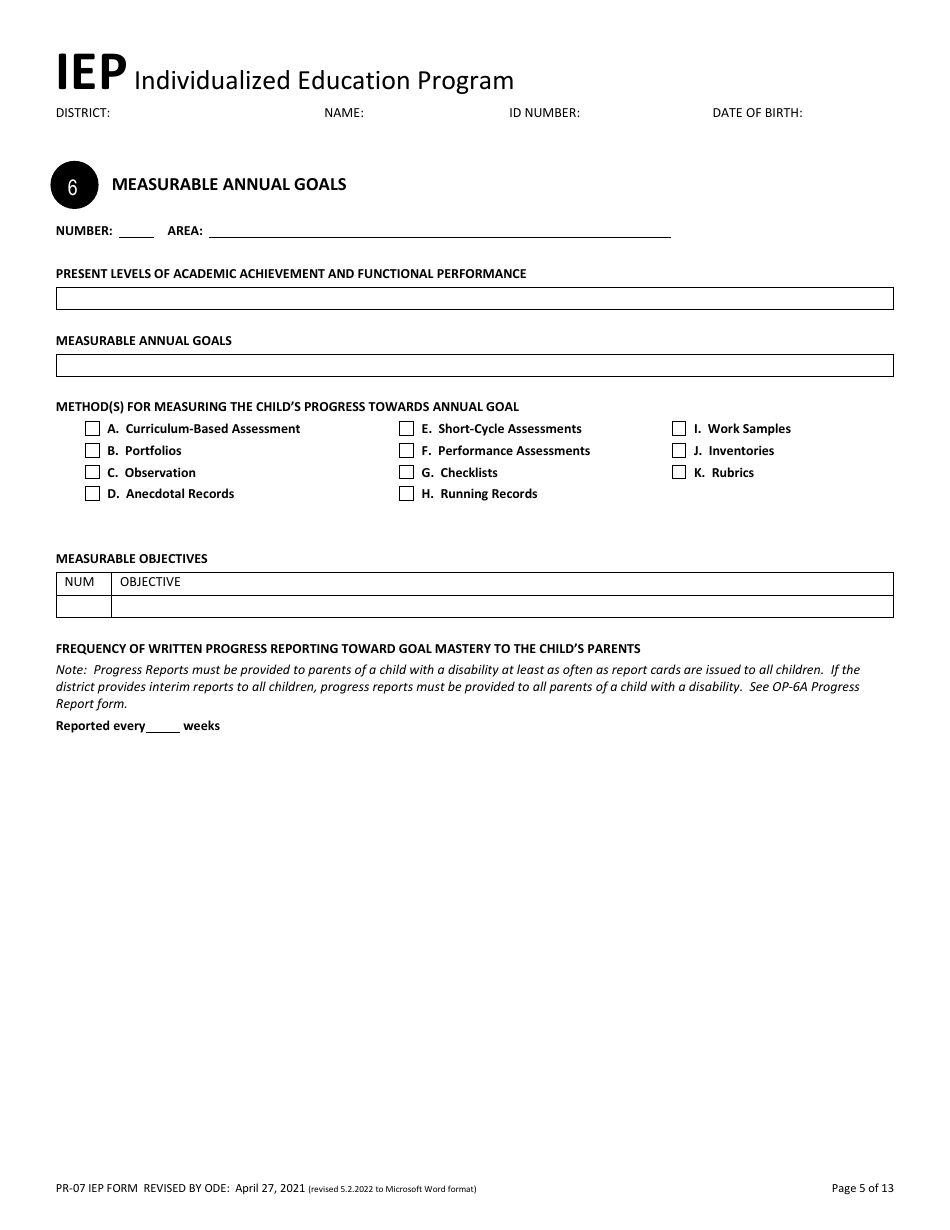 Form PR-07 Individualized Education Program - Ohio, Page 5