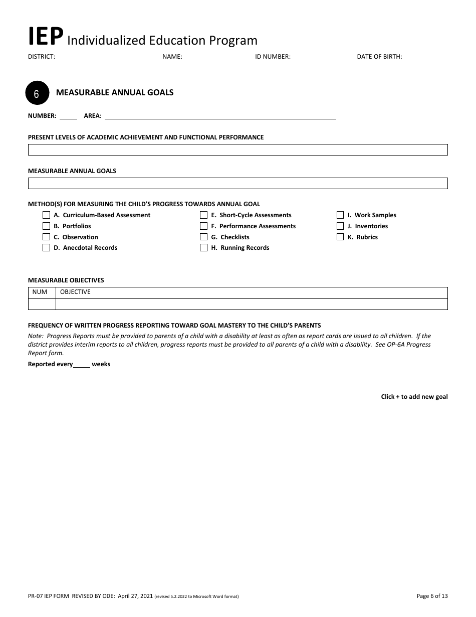 Form PR-07 Individualized Education Program - Ohio, Page 6
