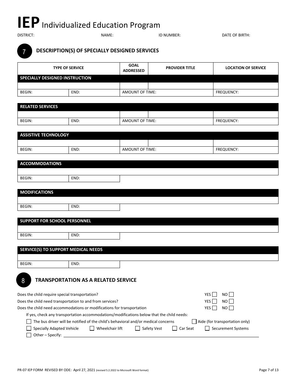 Form PR-07 Individualized Education Program - Ohio, Page 7