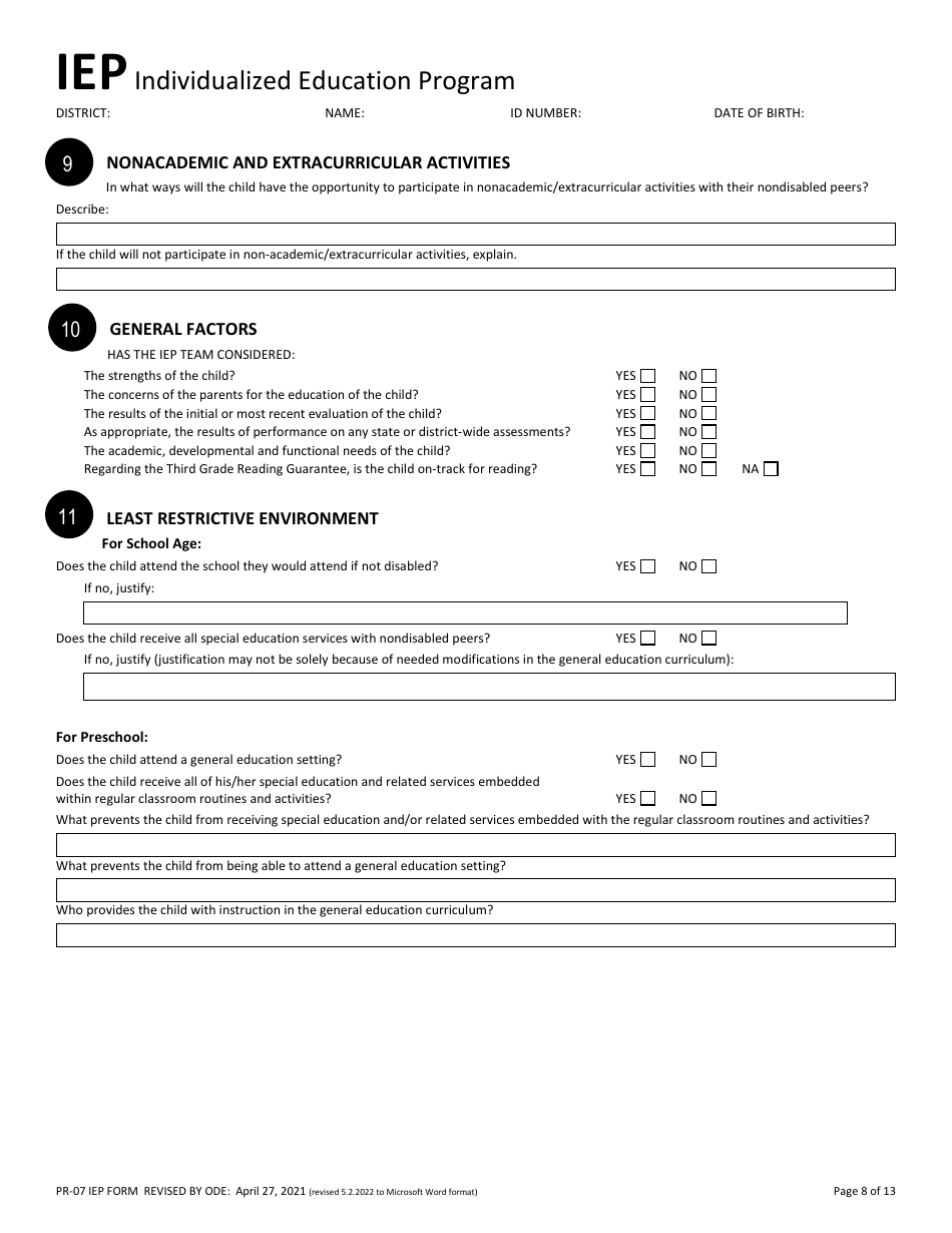 Form PR-07 Individualized Education Program - Ohio, Page 8