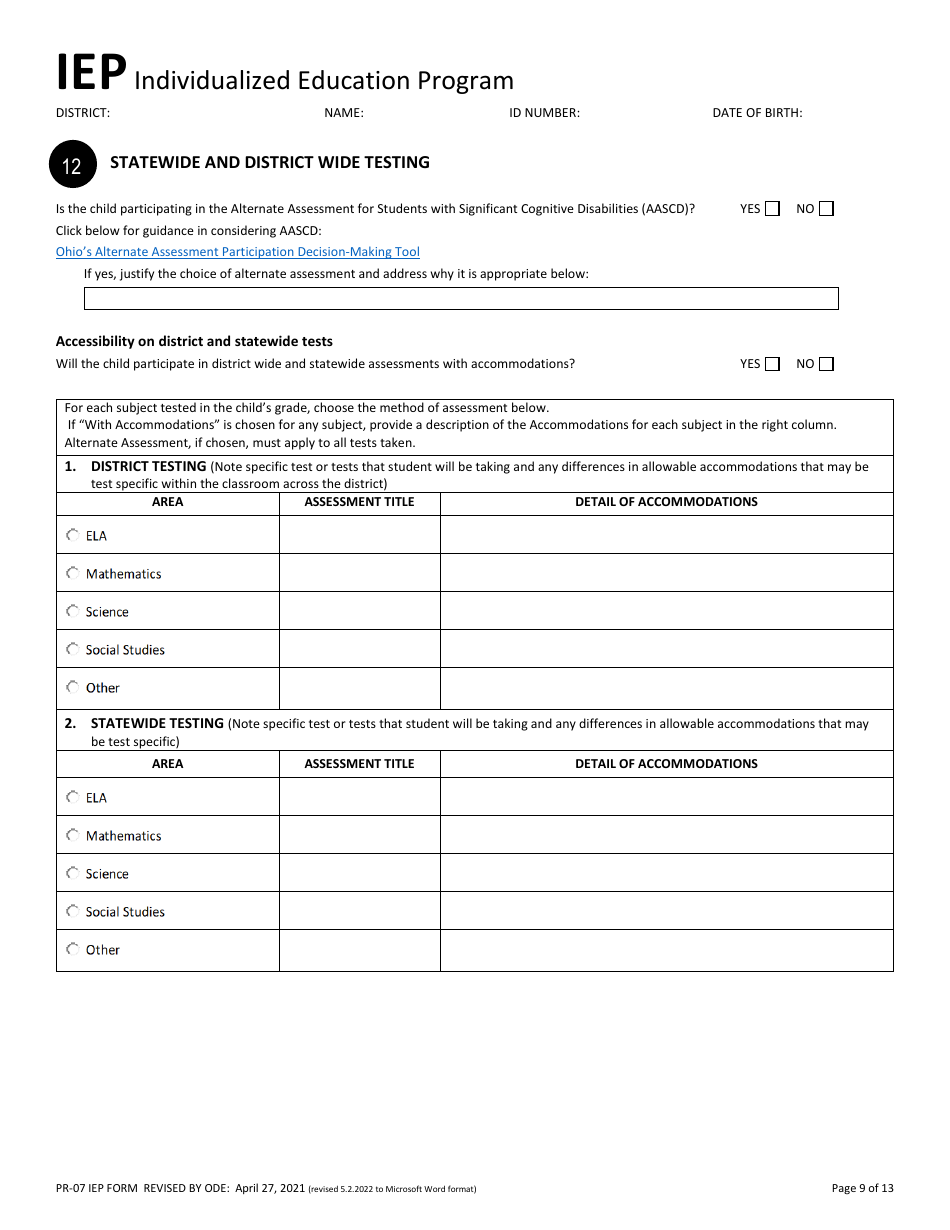Form PR-07 Individualized Education Program - Ohio, Page 9