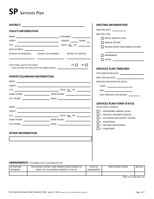 Form PR-09 Services Plan - Ohio