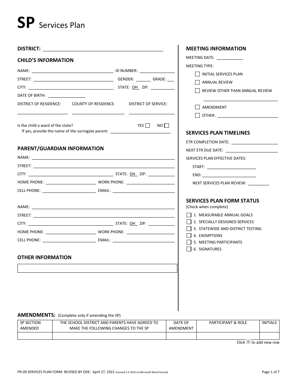 Form PR-09 Services Plan - Ohio, Page 1