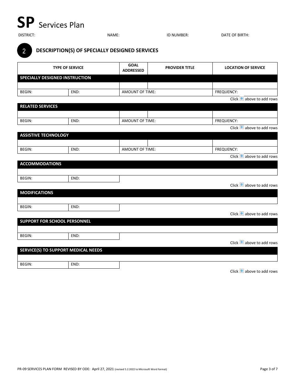Form PR-09 Services Plan - Ohio, Page 3