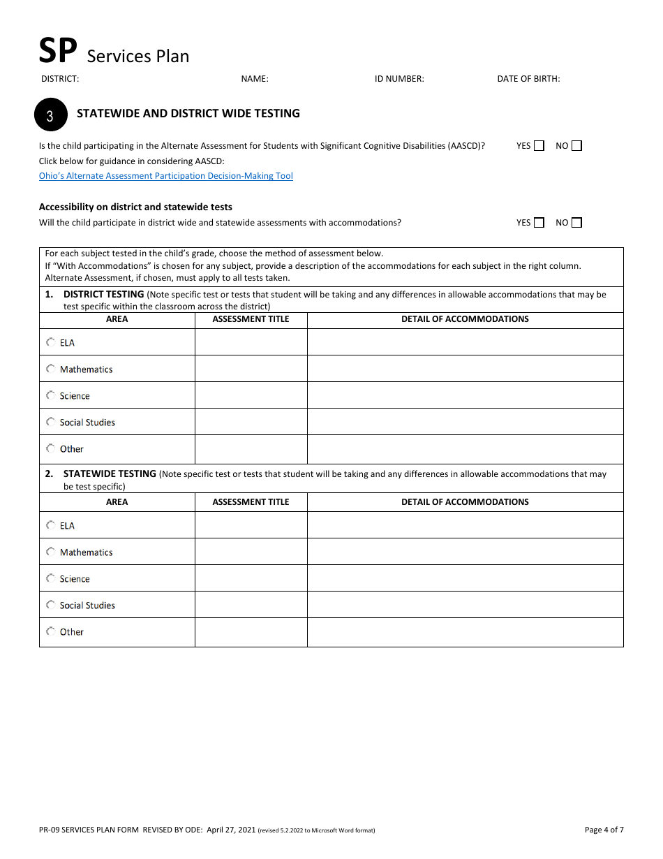 Form PR-09 Services Plan - Ohio, Page 4