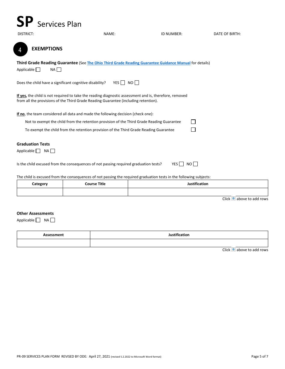 Form PR-09 Services Plan - Ohio, Page 5