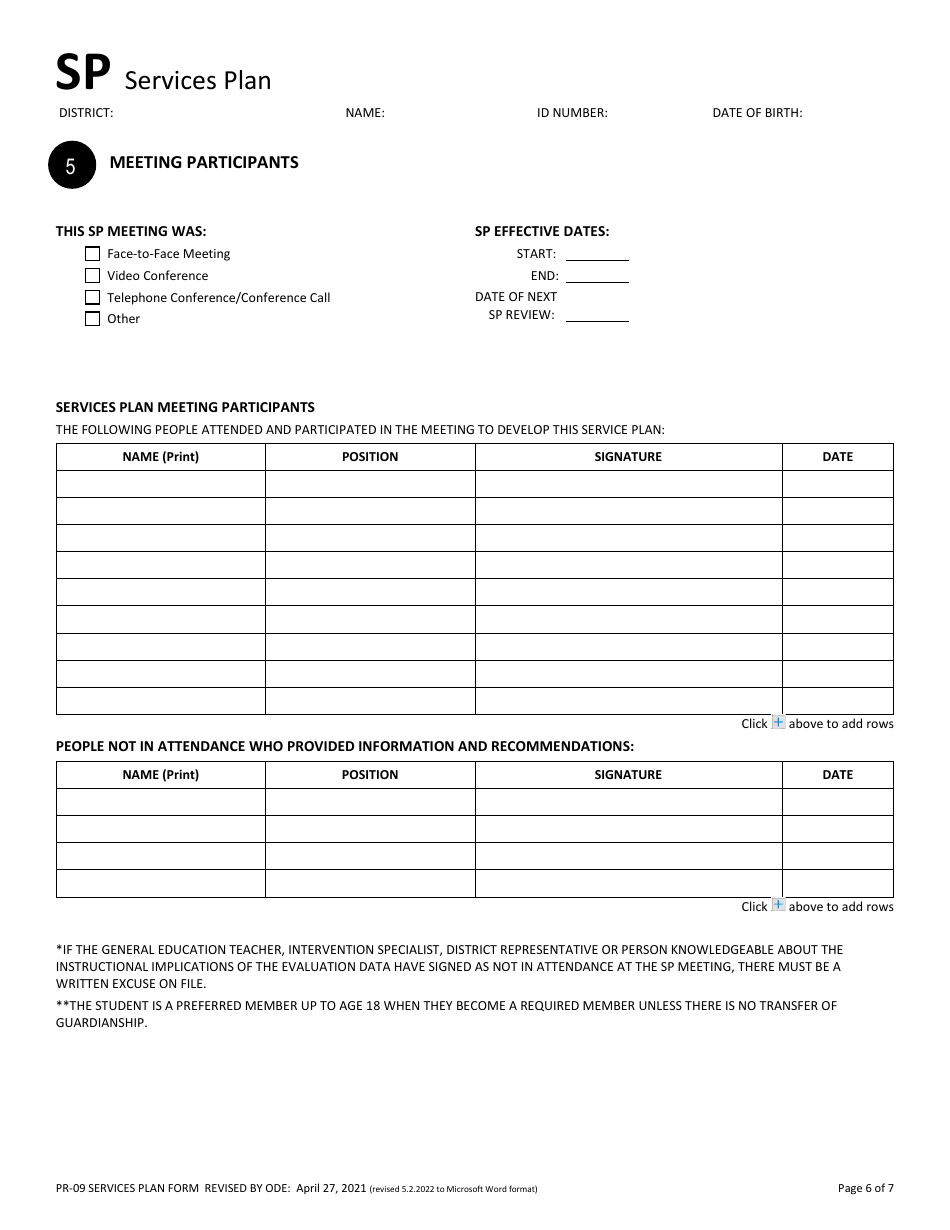 Form PR-09 Services Plan - Ohio, Page 6