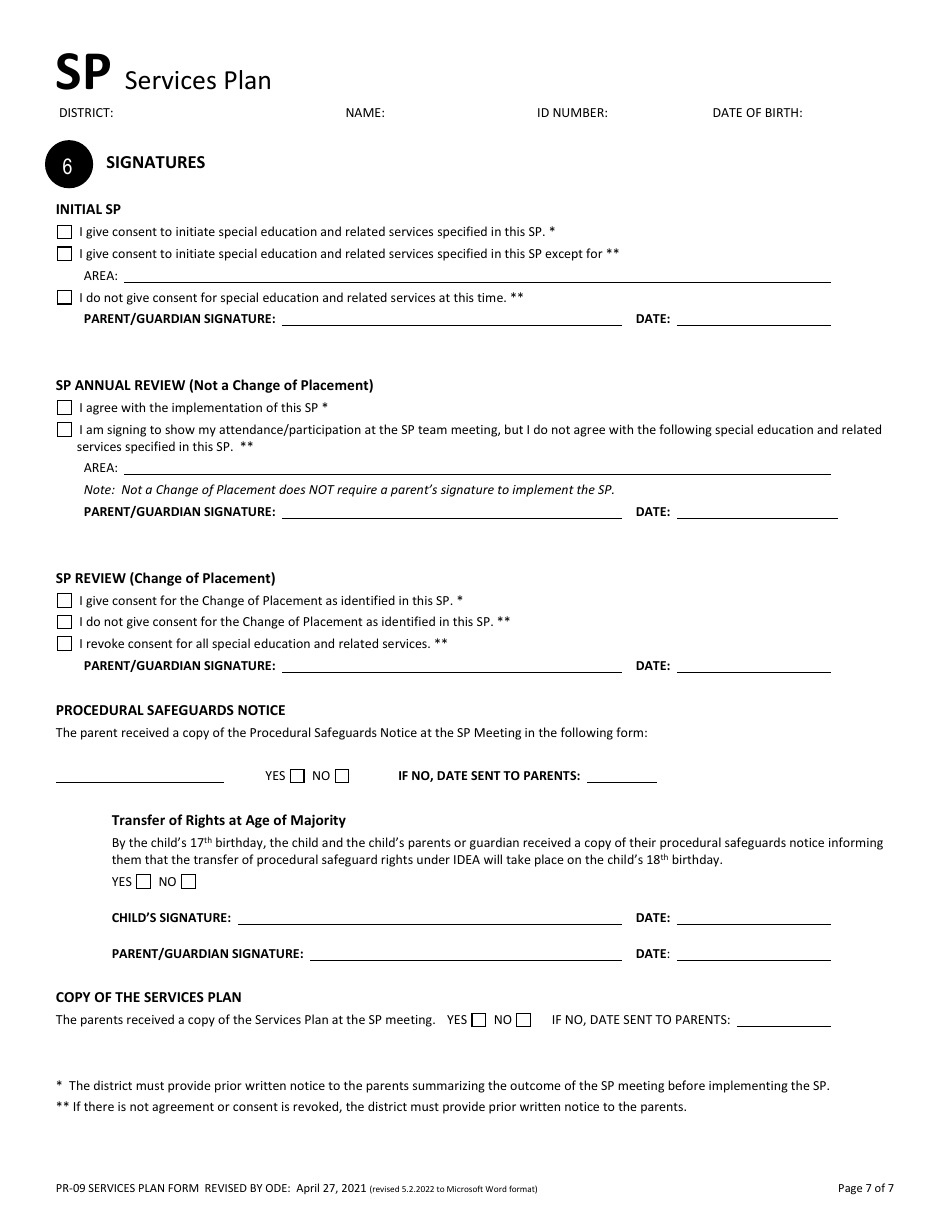 Form PR-09 Services Plan - Ohio, Page 7