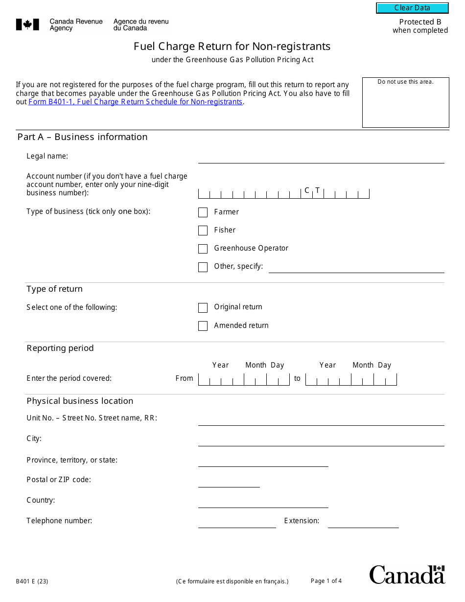 Form B401 Fuel Charge Return for Non-registrants - Canada, Page 1