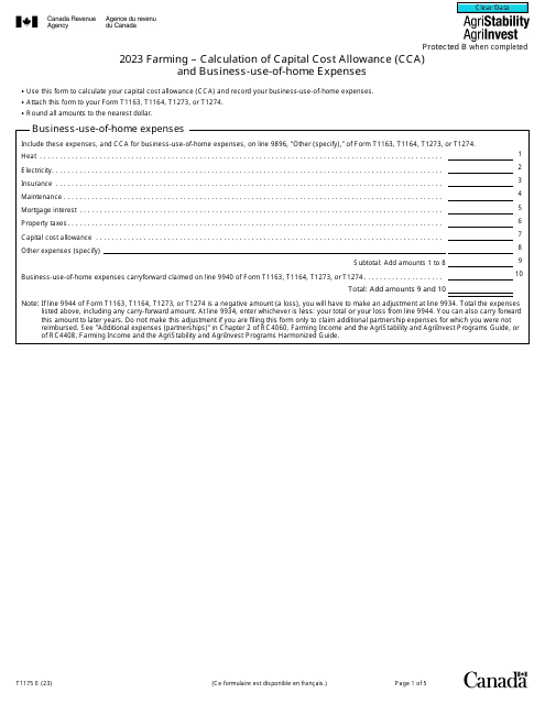 Form T1175 Farming - Calculation of Capital Cost Allowance (Cca) and Business-Use-Of-Home Expenses - Canada, 2023