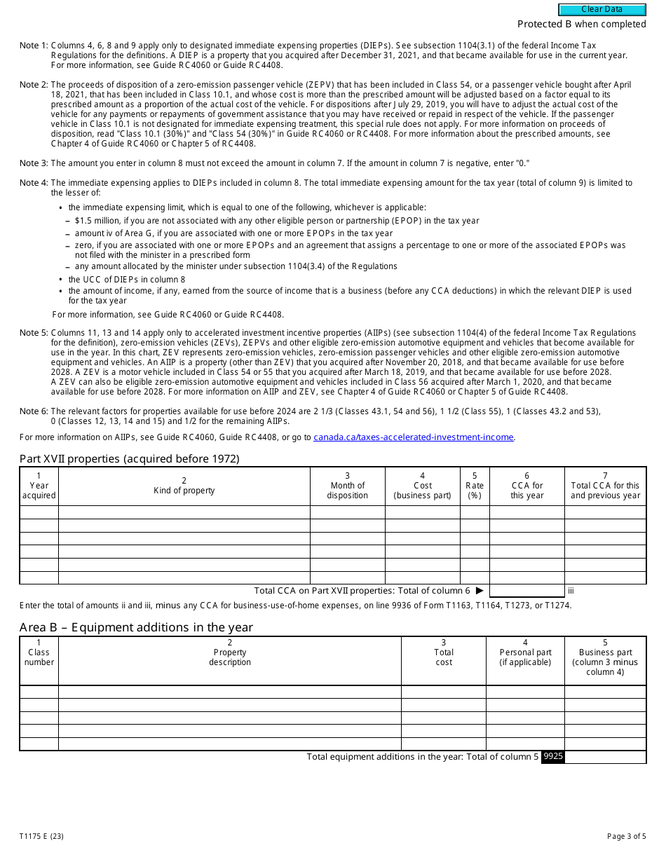 Form T1175 Farming - Calculation of Capital Cost Allowance (Cca) and Business-Use-Of-Home Expenses - Canada, Page 3