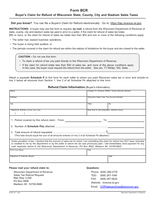 Form BCR (S-220) Buyer's Claim for Refund of Wisconsin State, County, City and Stadium Sales Taxes - Wisconsin