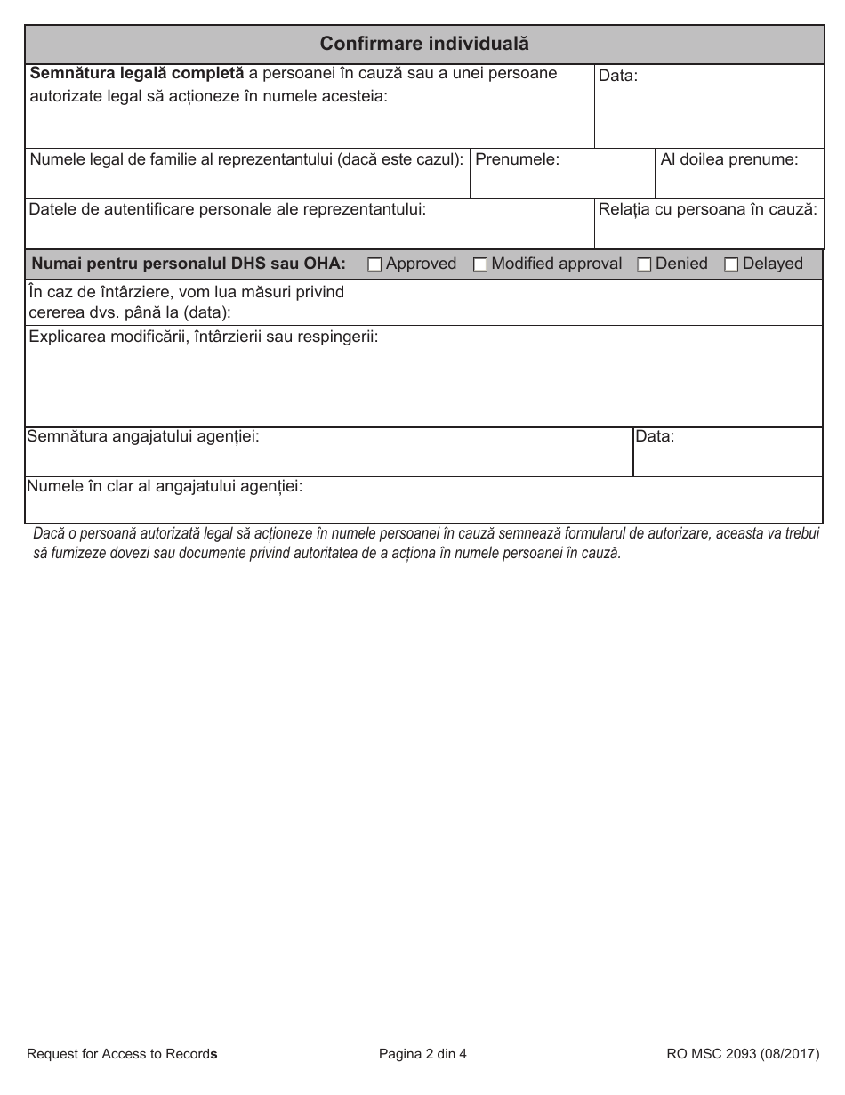 Form MSC2093 Request for Access to Records - Oregon (Romanian), Page 2