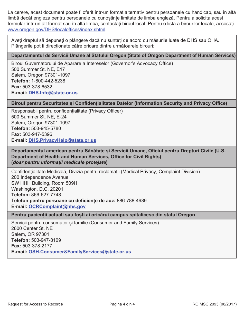 Form MSC2093 Request for Access to Records - Oregon (Romanian), Page 4