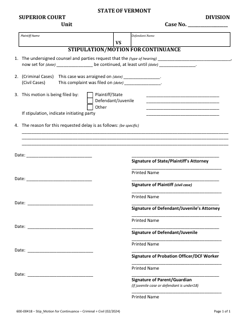 Form 600-00418 Stipulation/Motion for Continuance - Vermont