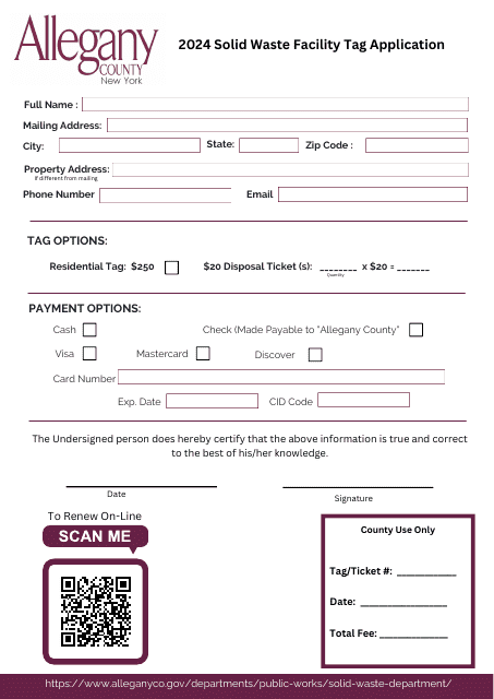 Solid Waste Facility Tag Application - Allegany County, New York Download Pdf
