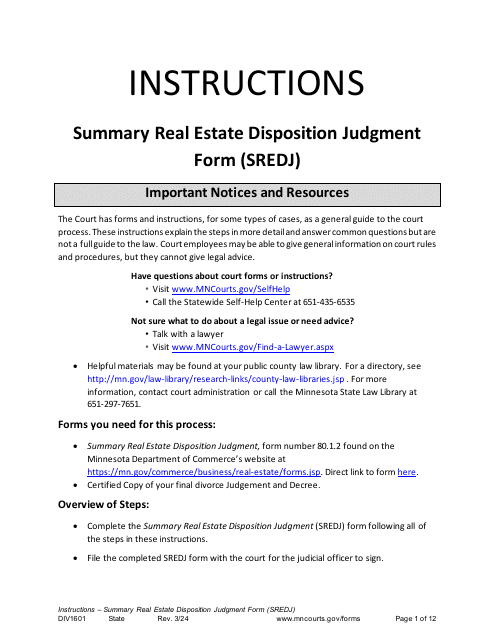 Form DIV1601 Instructions - Summary Real Estate Disposition Judgment Form (Sredj) - Minnesota