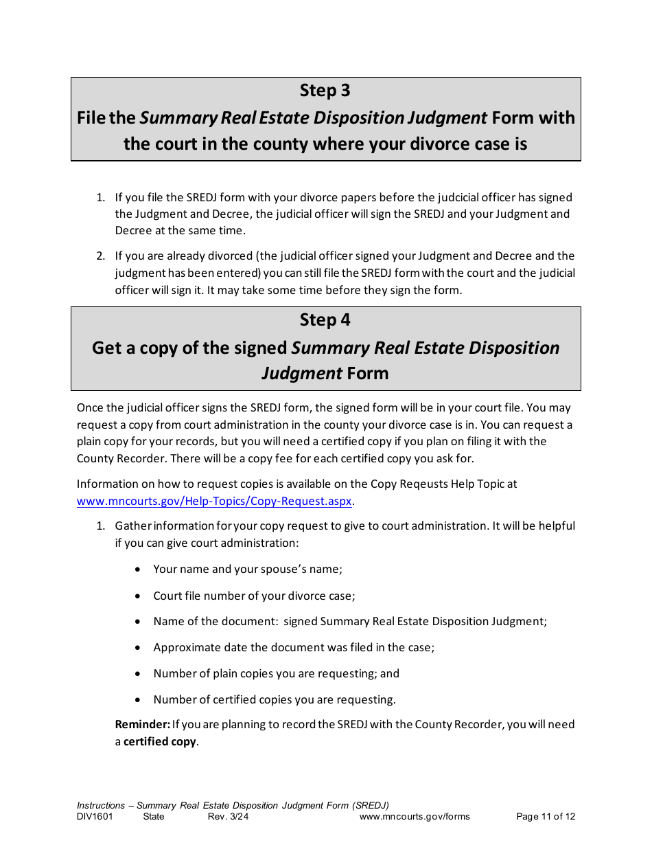Form DIV1601 Instructions - Summary Real Estate Disposition Judgment Form (Sredj) - Minnesota, Page 11