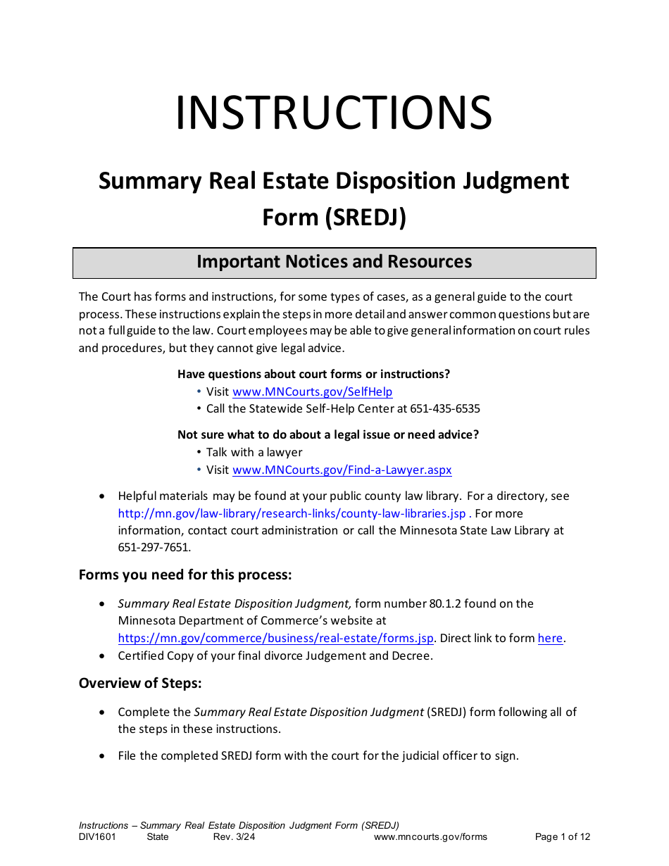 Form DIV1601 Instructions - Summary Real Estate Disposition Judgment Form (Sredj) - Minnesota, Page 1