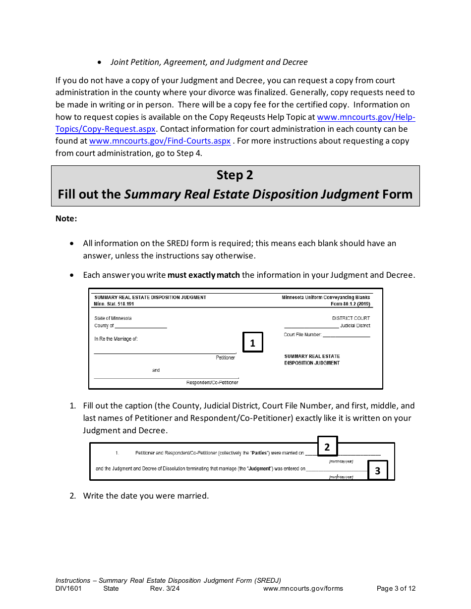 Form DIV1601 Instructions - Summary Real Estate Disposition Judgment Form (Sredj) - Minnesota, Page 3