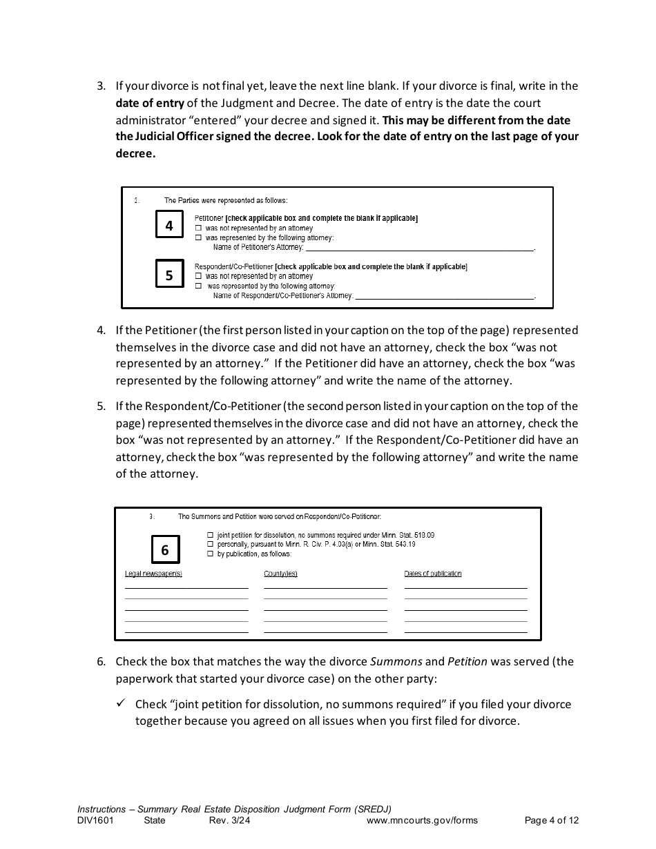 Form DIV1601 Instructions - Summary Real Estate Disposition Judgment Form (Sredj) - Minnesota, Page 4