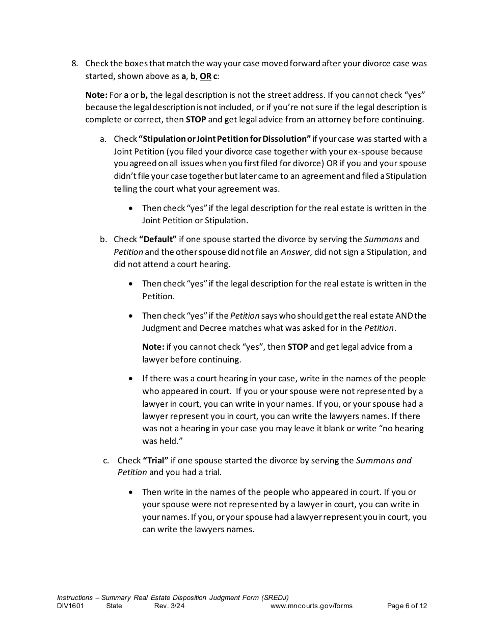 Form DIV1601 Instructions - Summary Real Estate Disposition Judgment Form (Sredj) - Minnesota, Page 6