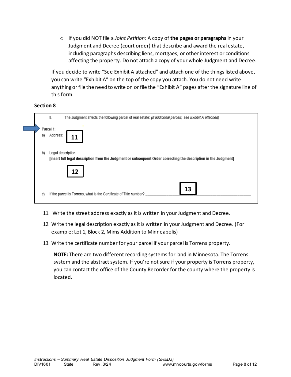 Form DIV1601 Instructions - Summary Real Estate Disposition Judgment Form (Sredj) - Minnesota, Page 8