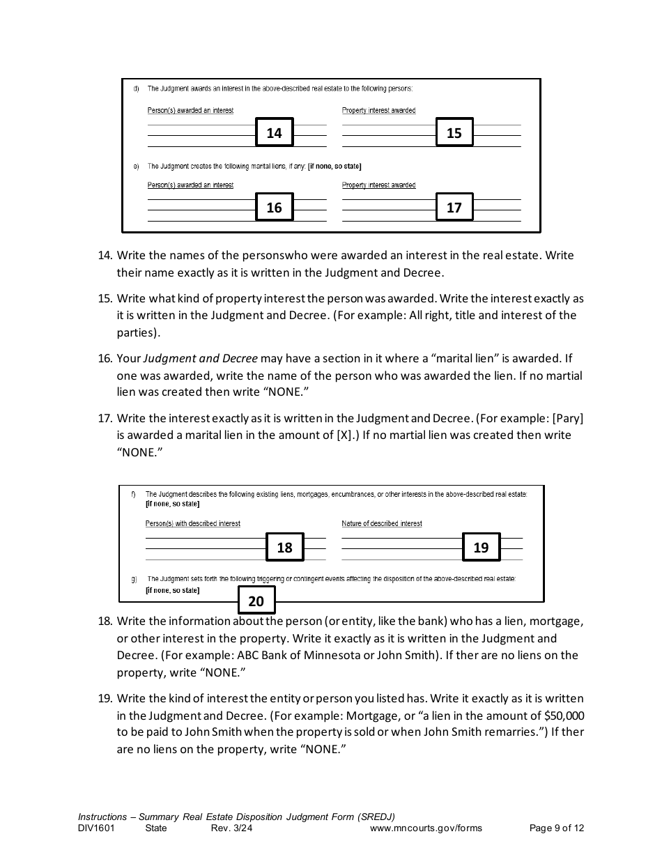 Form DIV1601 Instructions - Summary Real Estate Disposition Judgment Form (Sredj) - Minnesota, Page 9