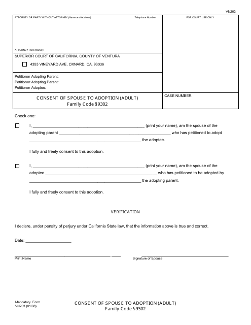 Form VN203 Consent of Spouse to Adoption (Adult) - County of Ventura, California