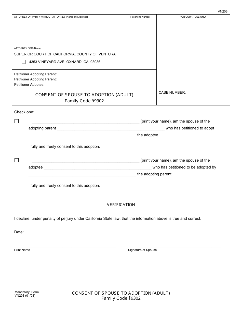 Form VN203 Consent of Spouse to Adoption (Adult) - County of Ventura, California, Page 1