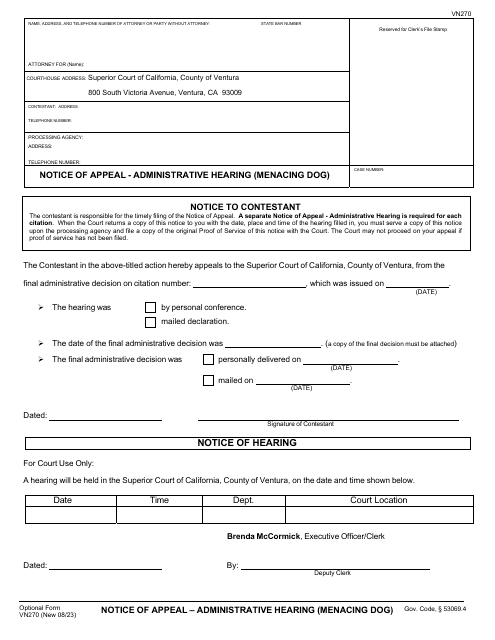 Form VN270 Notice of Appeal - Administrative Hearing (Menacing Dog) - County of Ventura, California