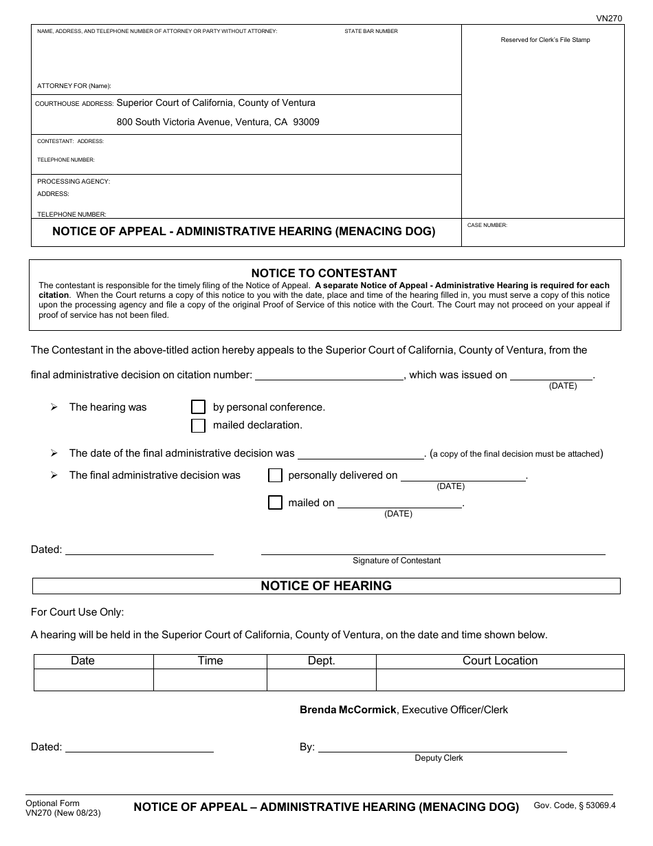 Form VN270 Notice of Appeal - Administrative Hearing (Menacing Dog) - County of Ventura, California, Page 1