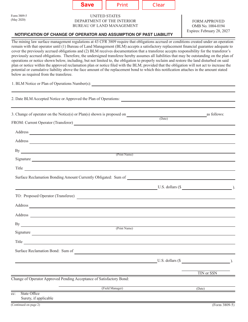 Form 3809-5 Notification of Change of Operator and Assumption of Past Liability, Page 1