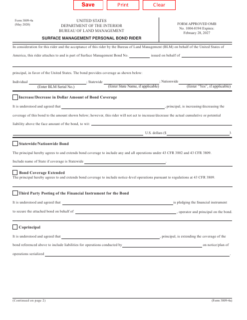 Form 3809-4A Surface Management Personal Bond Rider